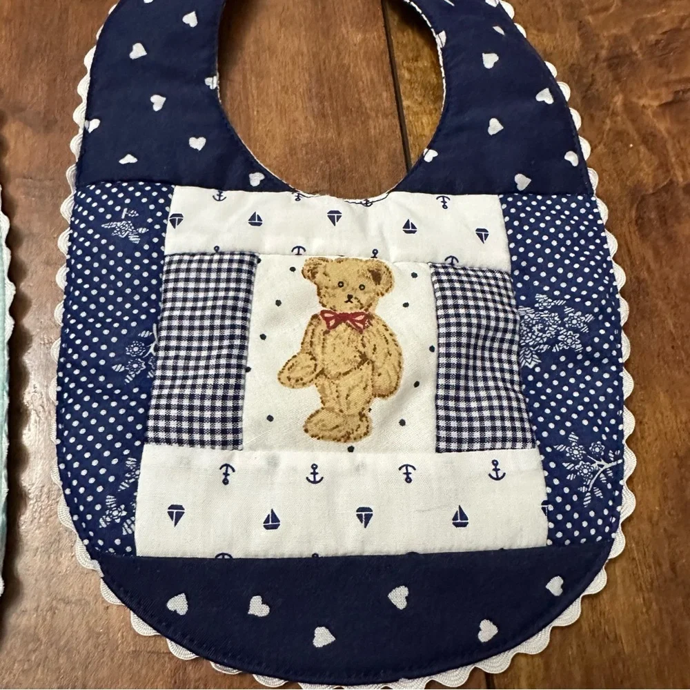 Blue and Navy teddy bear embroidered Baby Bib Set
